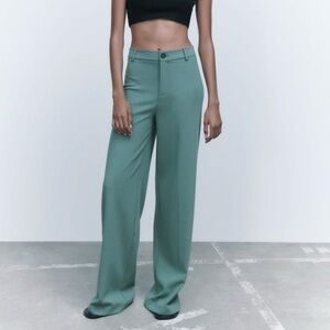 ZARA Full Length Wide Leg Teal Green Pants Size XS Like New